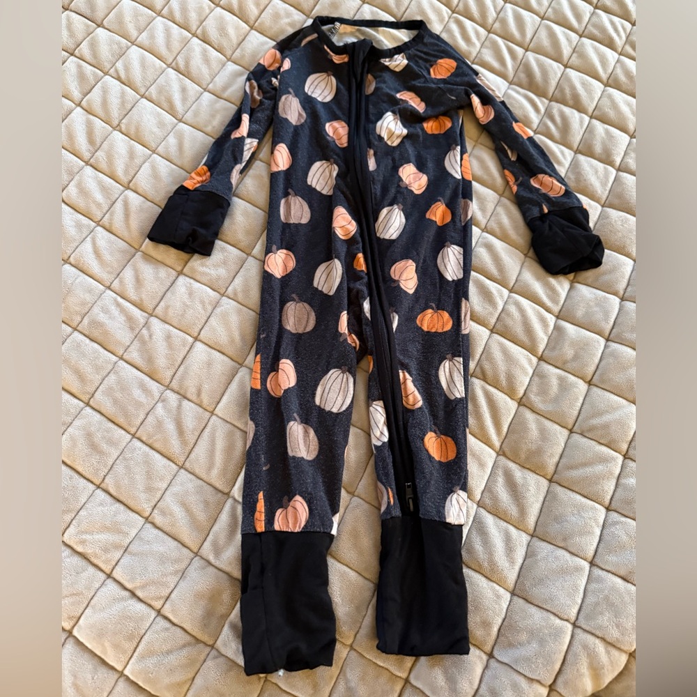 Pumpkin Black and Orange Patterned Kids One Piece Zippy - can cover feet